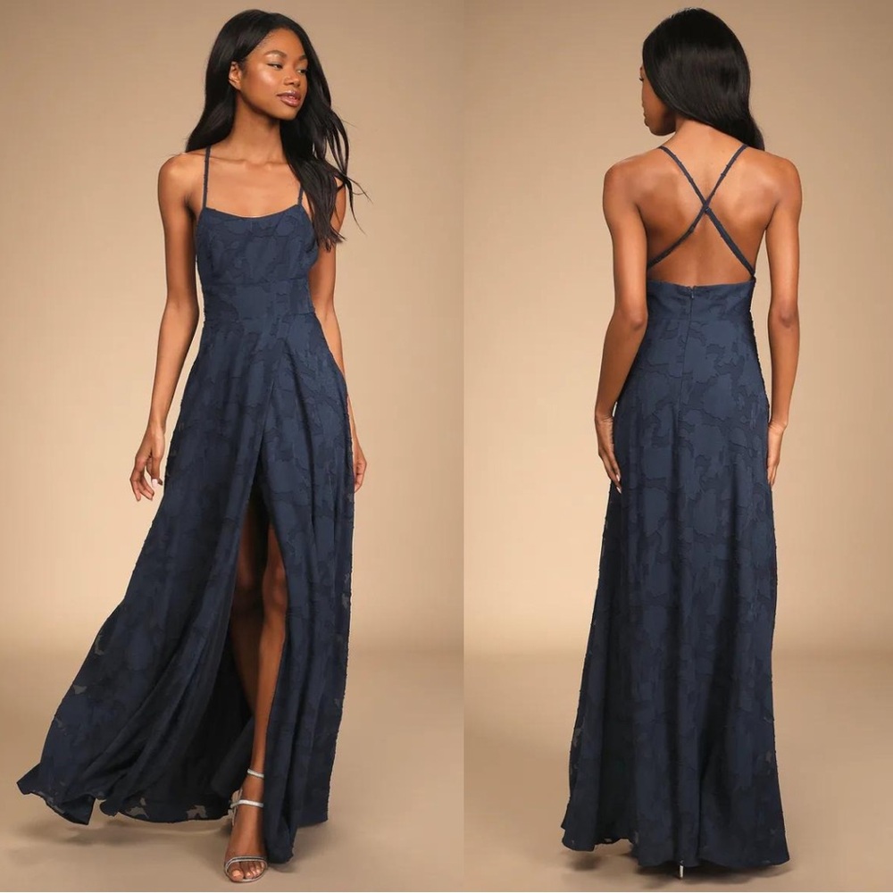Lulu's Navy Blue Floral Lace Maxi Dress with Cross Back